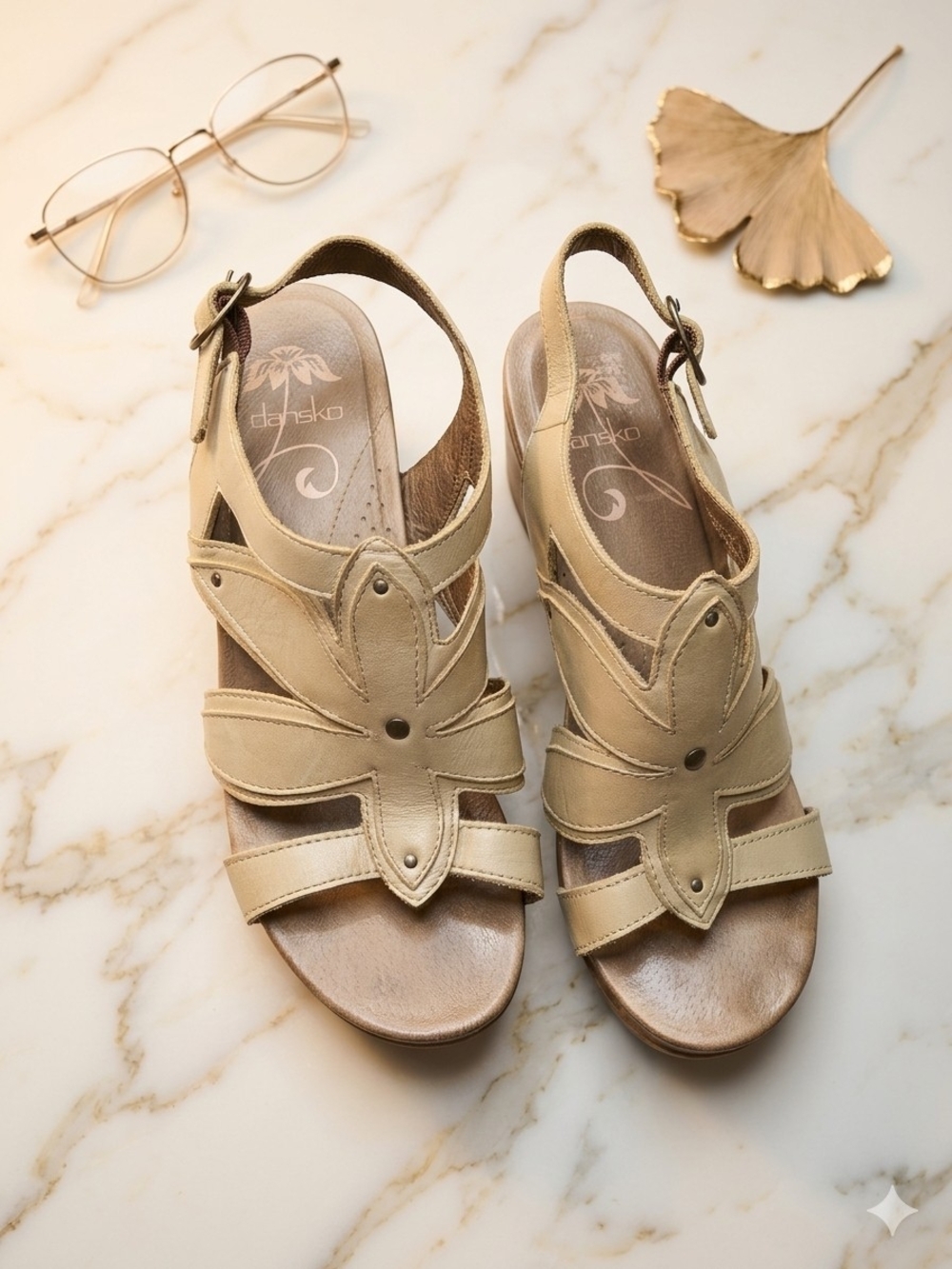 Dansko Tan Leather Floral Cutout Slingback Sandals